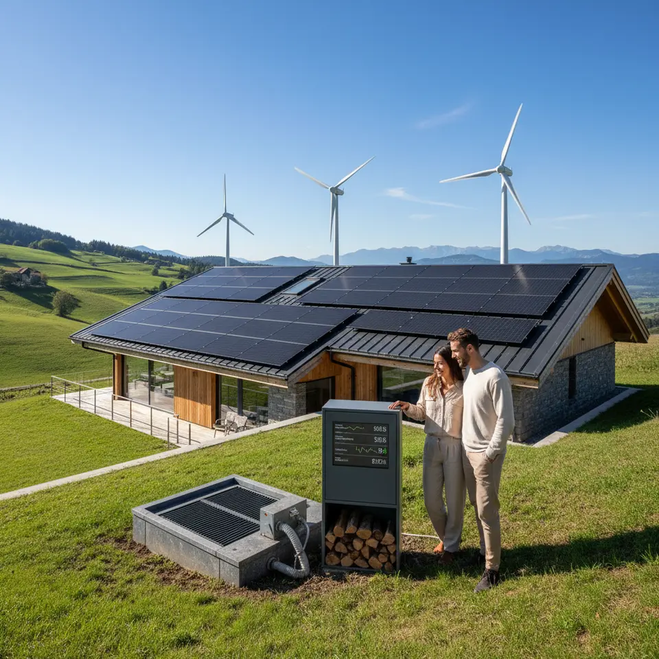 Renewable Energy Integration: An upscale eco-luxury villa nestled in verdant hills, its sleek rooftop solar panels absorbing sunlight alongside elegant micro-wind turbines; in the foreground, a discreet geothermal heat pump installation with underground piping and a smart battery storage unit sits next to a digital energy dashboard displaying real-time power generation and carbon offset metrics, all under a clear blue sky.