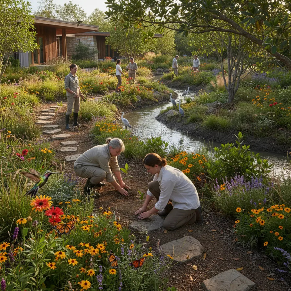 Biodiversity and Ecosystem Preservation: A tranquil luxury retreat set amid restored native vegetation and winding wildlife corridors leading to a newly planted mangrove grove; guests in casual eco-attire are guided by a conservationist as they plant mangrove saplings by a meandering stream, while colorful hummingbirds hover nearby and butterflies drift among wildflowers at dawn.