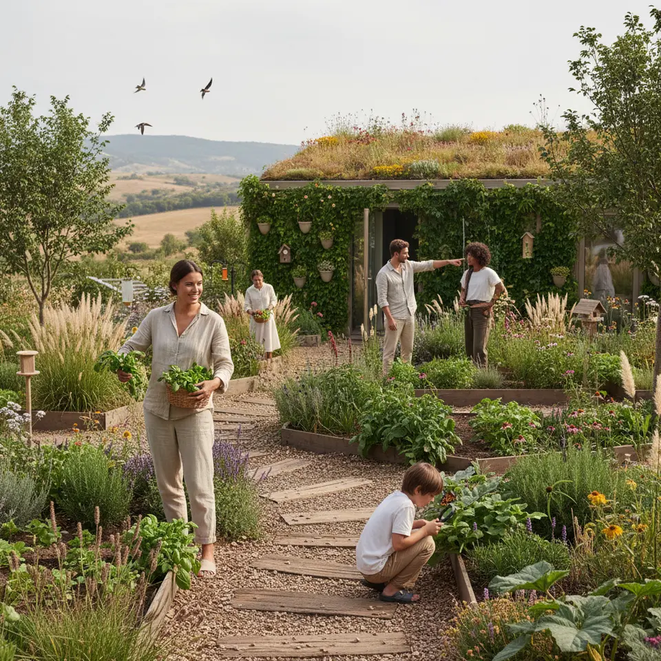 Landscaping for Biodiversity: an eco‐villa’s outdoor environment featuring native plantings, drought-tolerant species, permaculture garden beds, living roofs and vertical greenery, organic walking paths winding through habitat zones for butterflies, birds and beneficial insects, with guests harvesting herbs or observing wildlife