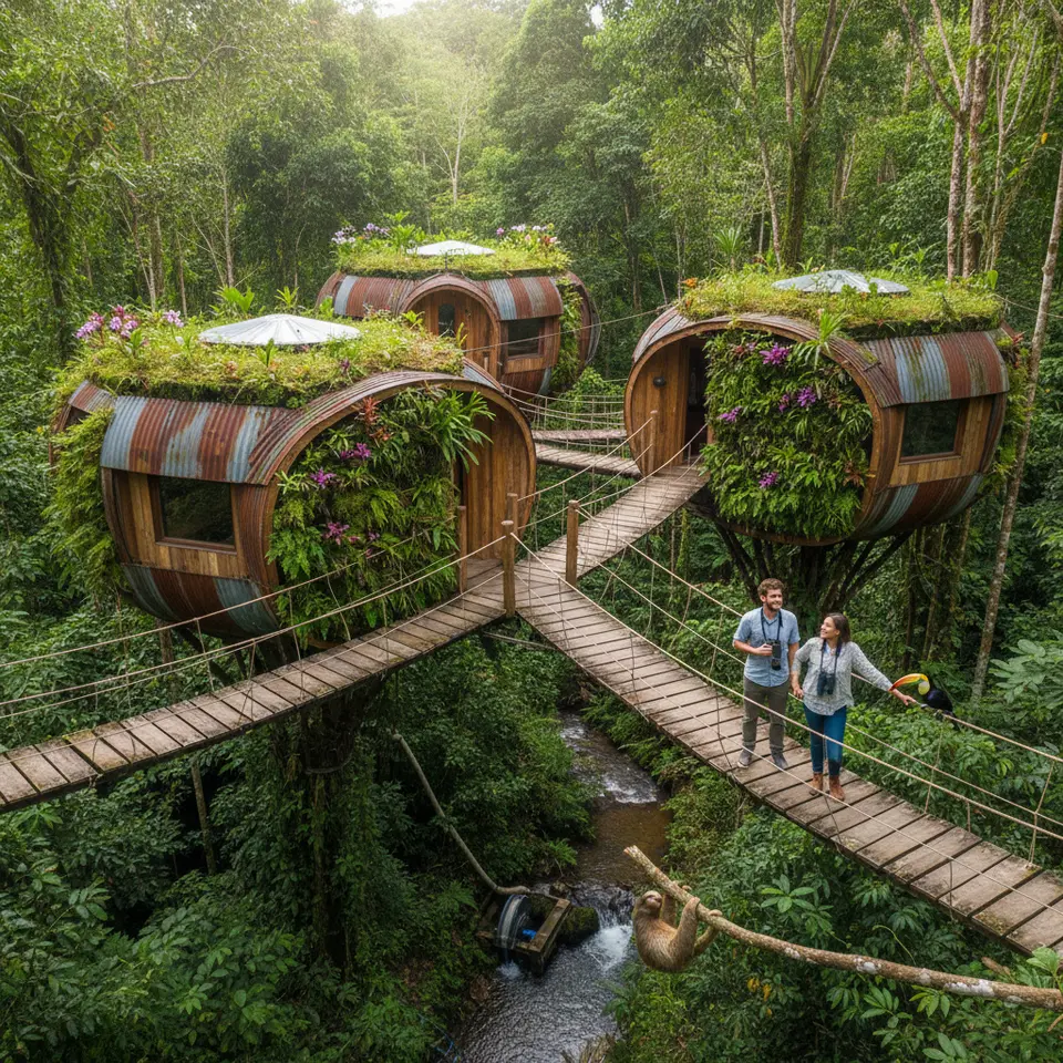 Costa Eco Treehouse, Costa Rica: a canopy-level villa composed of four interconnected pods built from reclaimed wood and recycled shipping containers, insulated with natural wool, perched 25 meters above the rainforest floor, linked by elevated walkways, crowned with living walls and green roofs supporting orchids and bromeliads, with a micro-hydroelectric turbine on a nearby stream and wildlife like sloths and toucans in view