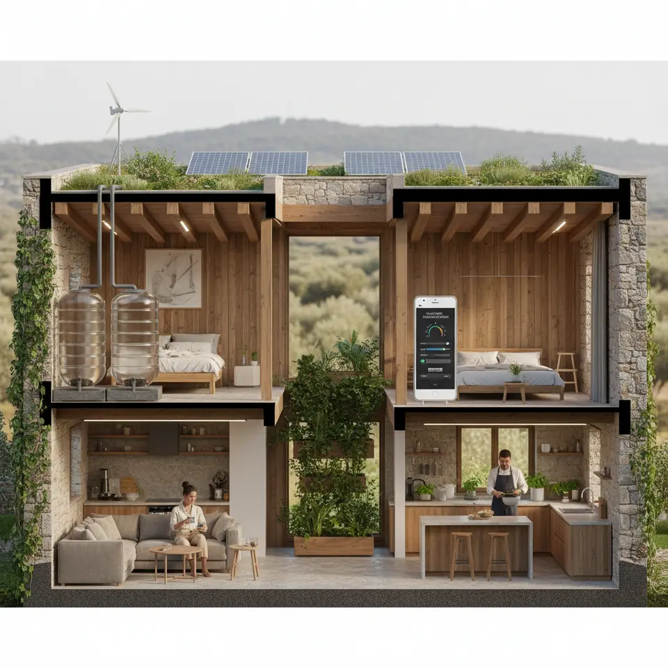 A detailed cutaway scene of an eco-luxe villa highlighting core sustainable features: rooftop photovoltaic solar panels and a small wind turbine powering LED lighting, rainwater harvesting tanks feeding lush gardens, passive climate-control elements such as thermal-mass stone walls and a green roof, interiors trimmed in reclaimed timber and natural stone, an organic herb and kitchen garden in the courtyard, and a guest using a smartphone app to adjust smart home energy settings.
