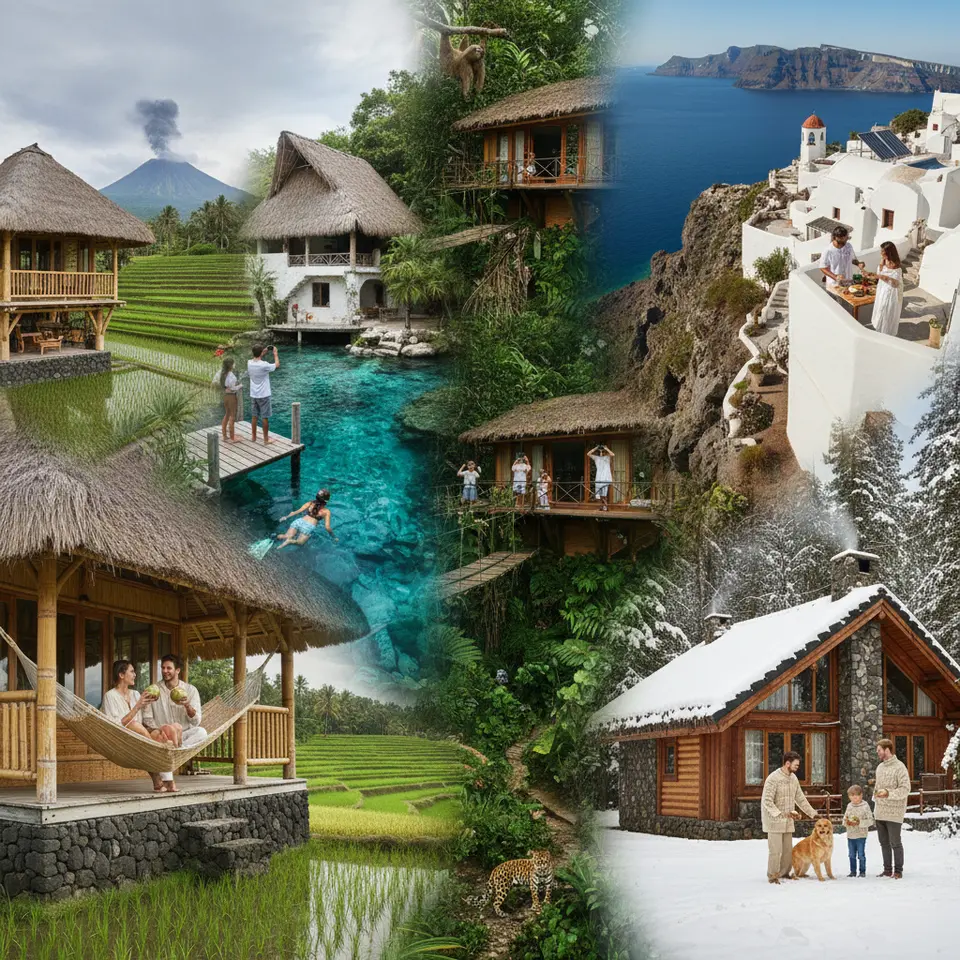 A vibrant collage of top global eco-friendly luxury villa destinations: a bamboo-and-volcanic-stone Bali villa overlooking terraced rice fields, a Mayan palapa-roofed Tulum retreat by a crystal cenote, a rainforest canopy villa in Costa Rica with visible wildlife corridors, a whitewashed cave home in Santorini perched on volcanic cliffs with solar water heaters, and a snow-topped Aspen chalet featuring a living green roof and geothermal heating.