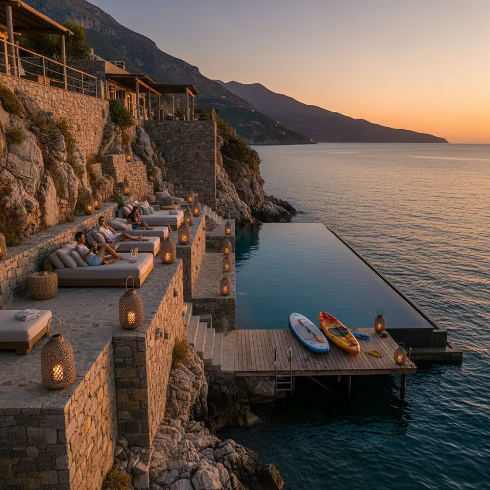 A secluded cliff-side luxury villa at sunset featuring an infinity-edge pool that appears to merge into the azure sea, a private wooden dock with paddleboards floating gently at water’s edge, stone terraces draped in soft lounge seating and lanterns casting a warm glow over panoramic coastal views.