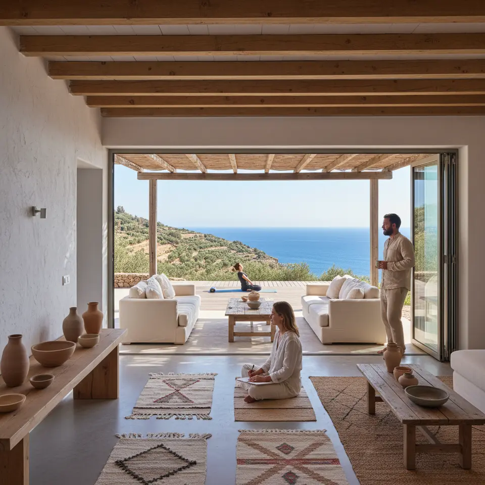 An open-plan coastal villa interior showcasing seamless indoor-outdoor living: floor-to-ceiling folding glass walls that open onto a shaded loggia, neutral tones of whitewashed walls and reclaimed wood beams, hand-woven rugs and artisanal ceramics on display, with an adjacent cliff-top yoga deck overlooking olive groves and the glistening ocean.
